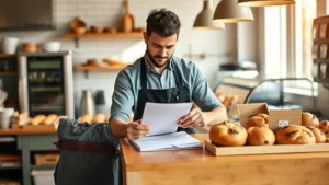 Professional bakery owner reviewing order paperwork at wooden counter with fresh bread visible, warm natural lighting, modern commercial kitchen background