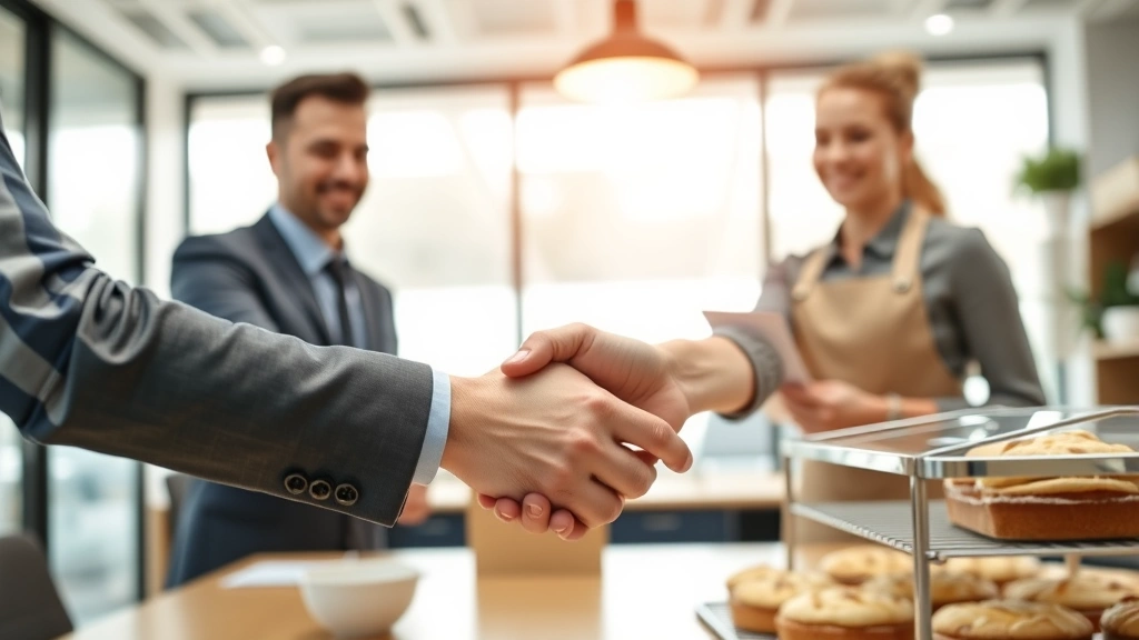 Close-up of business handshake between distributor representative and bakery owner in professional office setting, success and partnership atmosphere