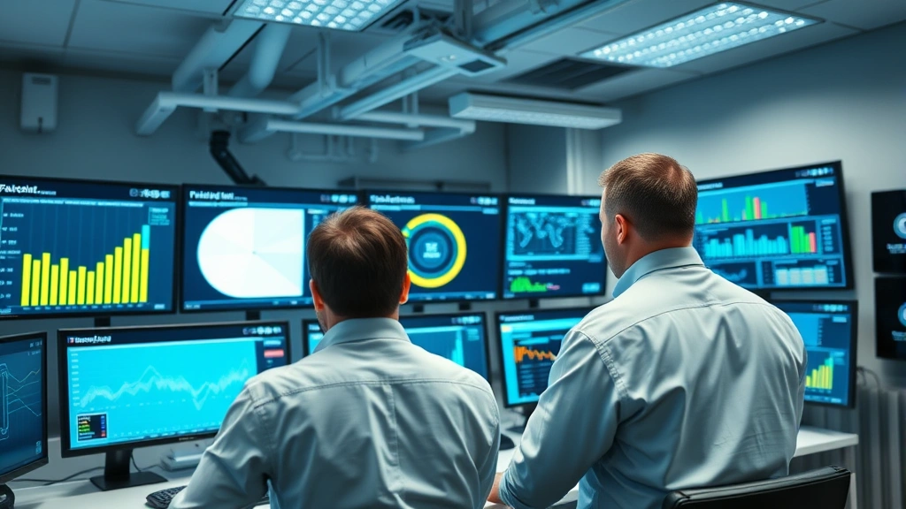 Smart facility control room with technicians monitoring real-time cooling system performance on digital dashboards, displaying energy consumption metrics and optimization data, professional corporate environment