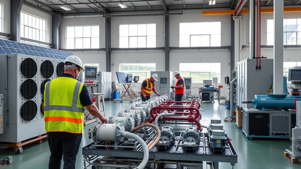 State-of-the-art manufacturing facility floor producing cooling equipment, workers in safety gear assembling components, renewable energy panels visible through windows, organized industrial workspace with sustainable practices evident