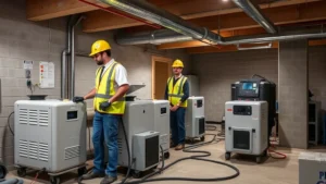Professional water damage restoration crew wearing safety equipment operating industrial dehumidifiers and moisture detection equipment in a residential basement, modern equipment and organized workspace, corporate business environment