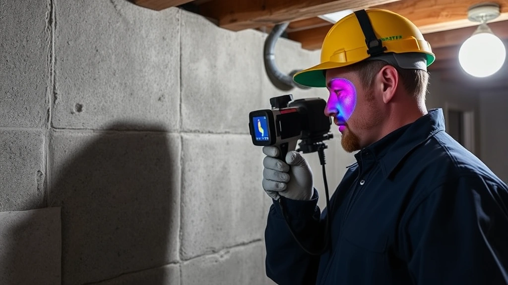 Certified restoration technician using thermal imaging camera to detect hidden moisture in basement walls and structural materials, professional inspection in progress, corporate professional setting