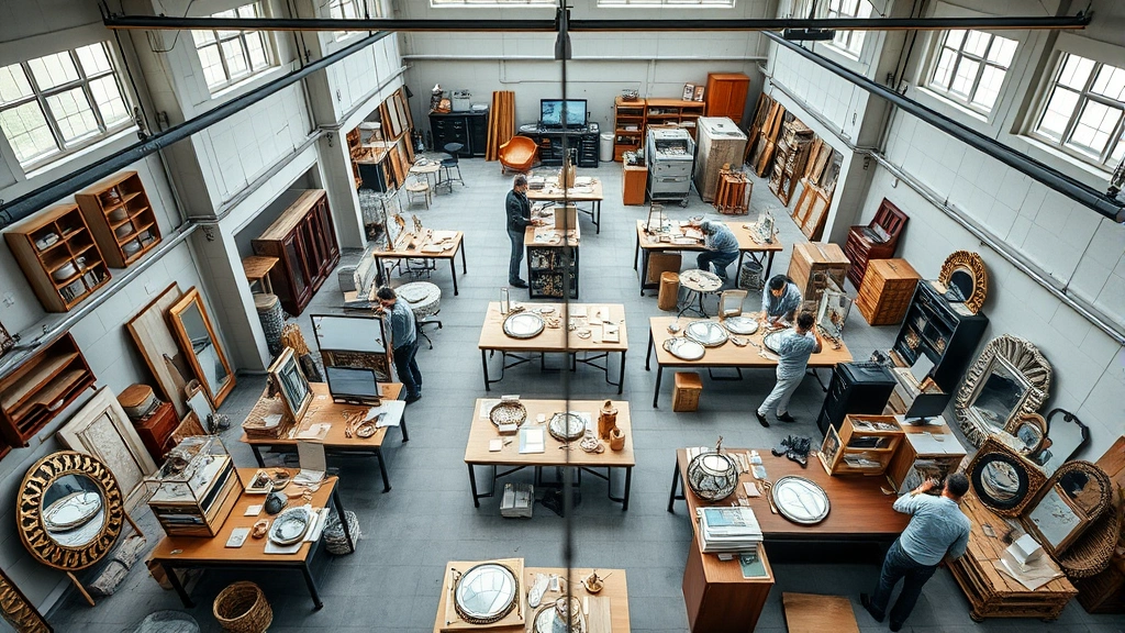 Overhead view of modern furniture manufacturing facility with skilled craftspeople assembling premium mirrors and decorative pieces at workstations, natural lighting showcasing quality control