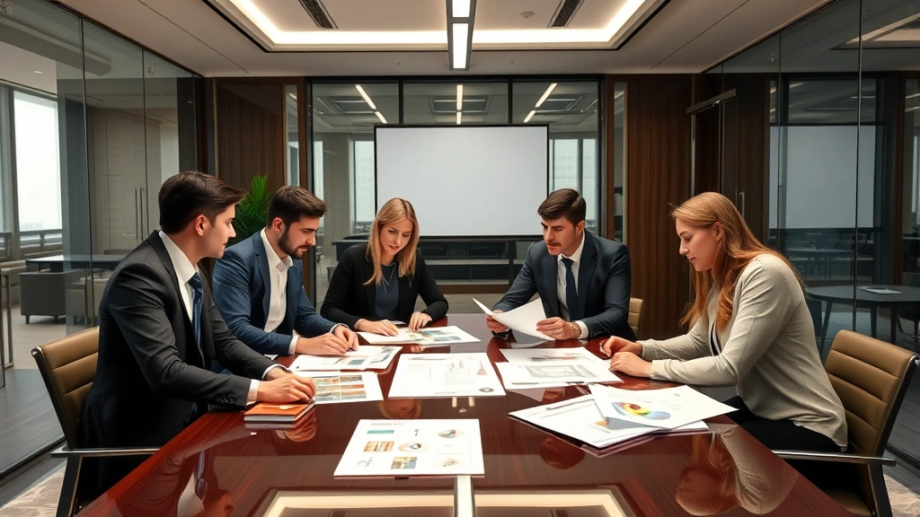 Executive team in professional conference room reviewing product design samples and market analysis reports on polished table, modern corporate setting