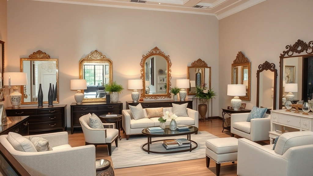 Upscale home interior showroom displaying elegant mirrors and coordinated furniture collections arranged in sophisticated room settings, warm professional lighting