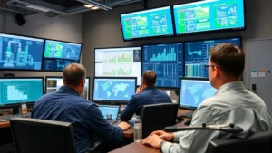 Professional water utility control room with technicians monitoring treatment systems and distribution networks on multiple display screens, showing real-time operational data and system performance metrics in modern facility