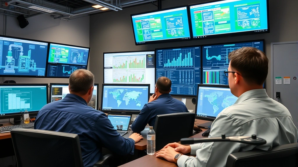 Professional water utility control room with technicians monitoring treatment systems and distribution networks on multiple display screens, showing real-time operational data and system performance metrics in modern facility