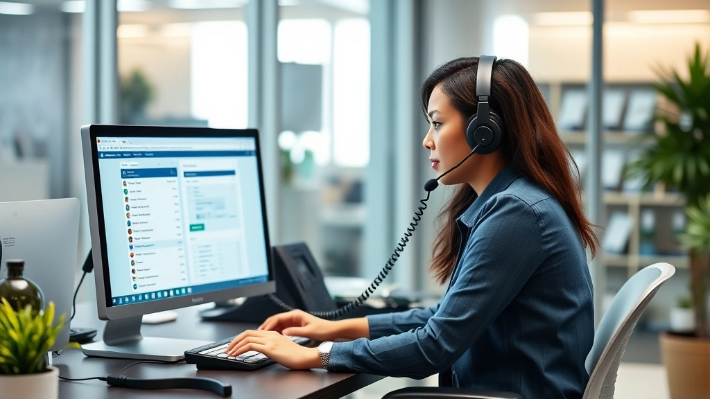Customer service representative at desk assisting diverse customer via phone while reviewing account information on computer screen, modern office environment with professional communication setup