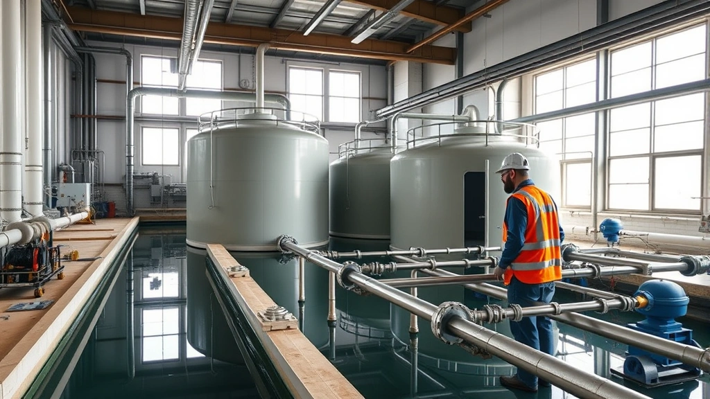 Water treatment facility with large filtration tanks and industrial equipment, technician in safety gear inspecting infrastructure, natural lighting through industrial windows showing modern utility operations