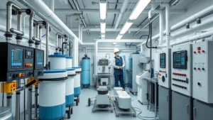 Professional water treatment facility interior with advanced filtration systems, technicians in safety equipment monitoring control panels, industrial pipes and equipment, modern laboratory setting with testing apparatus, bright fluorescent lighting, clean professional environment