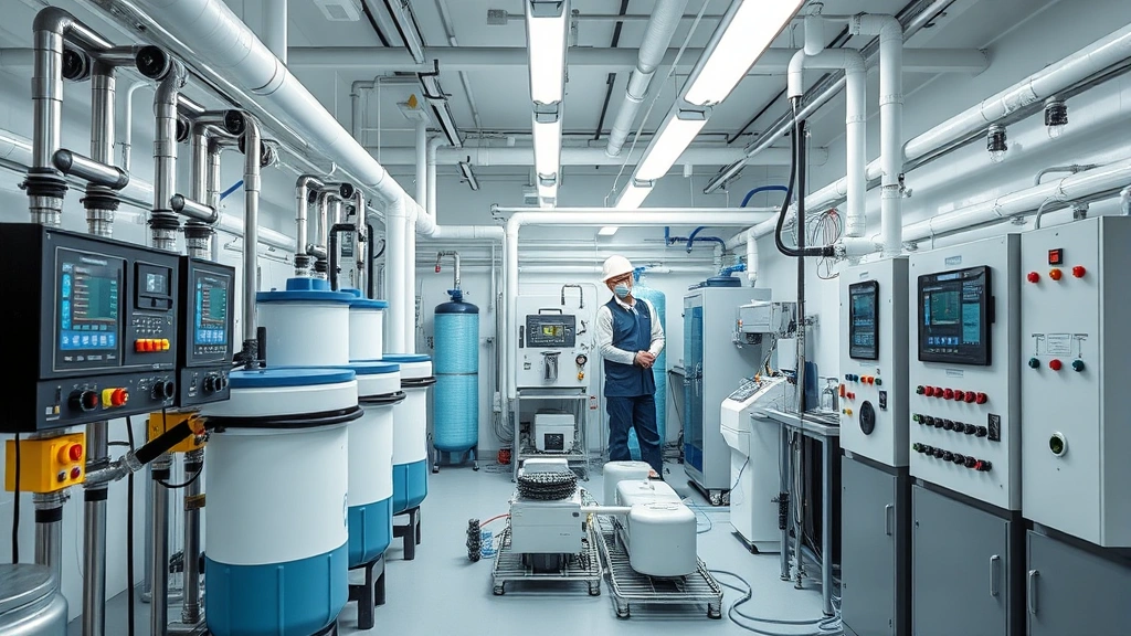 Professional water treatment facility interior with advanced filtration systems, technicians in safety equipment monitoring control panels, industrial pipes and equipment, modern laboratory setting with testing apparatus, bright fluorescent lighting, clean professional environment