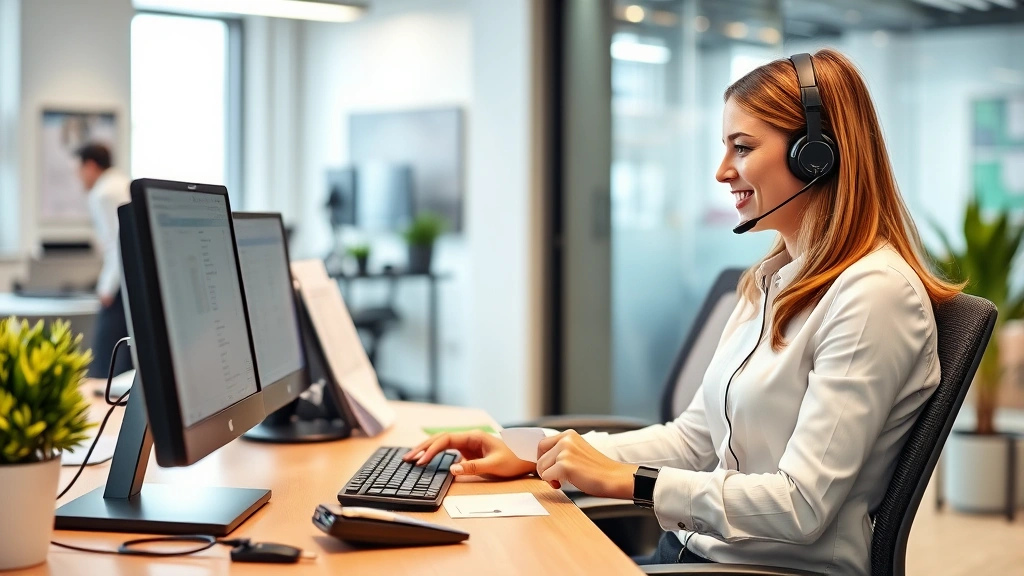 Customer service representative at modern office desk with computer, headset, professional attire, helping customer with billing questions, friendly professional interaction, bright modern office environment with company branding, paperless digital work setup