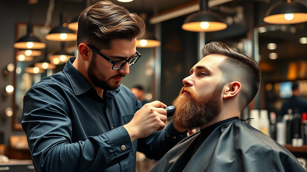 Professional barber using premium cordless beard trimmer on bearded client in modern upscale barbershop with chrome fixtures and warm ambient lighting