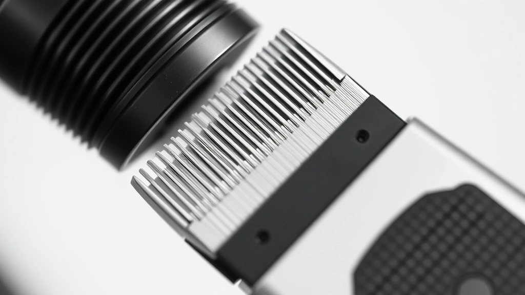 Close-up of high-end beard trimmer blade technology showing precision engineering and titanium-ceramic composite materials on white studio background