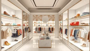 Luxury children's clothing boutique interior with elegant display cases, soft lighting, and high-end retail atmosphere showcasing premium apparel collections on white marble shelves