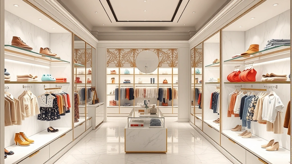 Luxury children's clothing boutique interior with elegant display cases, soft lighting, and high-end retail atmosphere showcasing premium apparel collections on white marble shelves