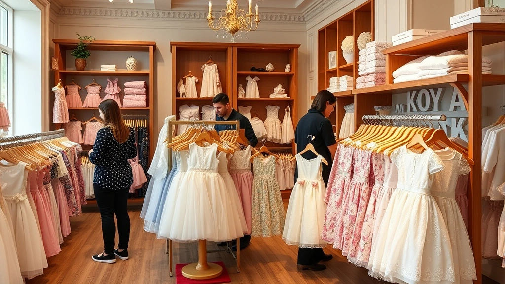 Professional retail environment featuring beautifully displayed children's dresses and outfits on wooden racks, customers browsing merchandise, warm interior design with classical aesthetic elements