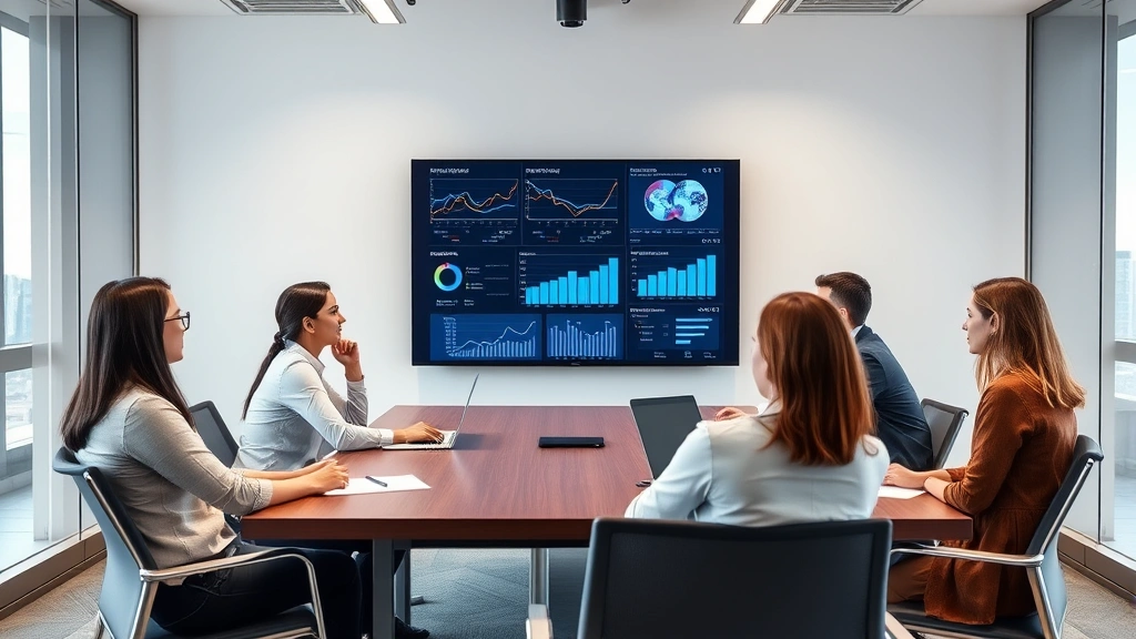 Business team meeting in modern conference room discussing strategy, professionals reviewing analytics on large monitor, collaborative workplace environment with business documents and laptops