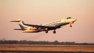 Modern commercial aircraft taking off from runway at sunset, narrow-body regional jet with distinctive livery, blue and silver fuselage, clear sky background, professional aviation photography
