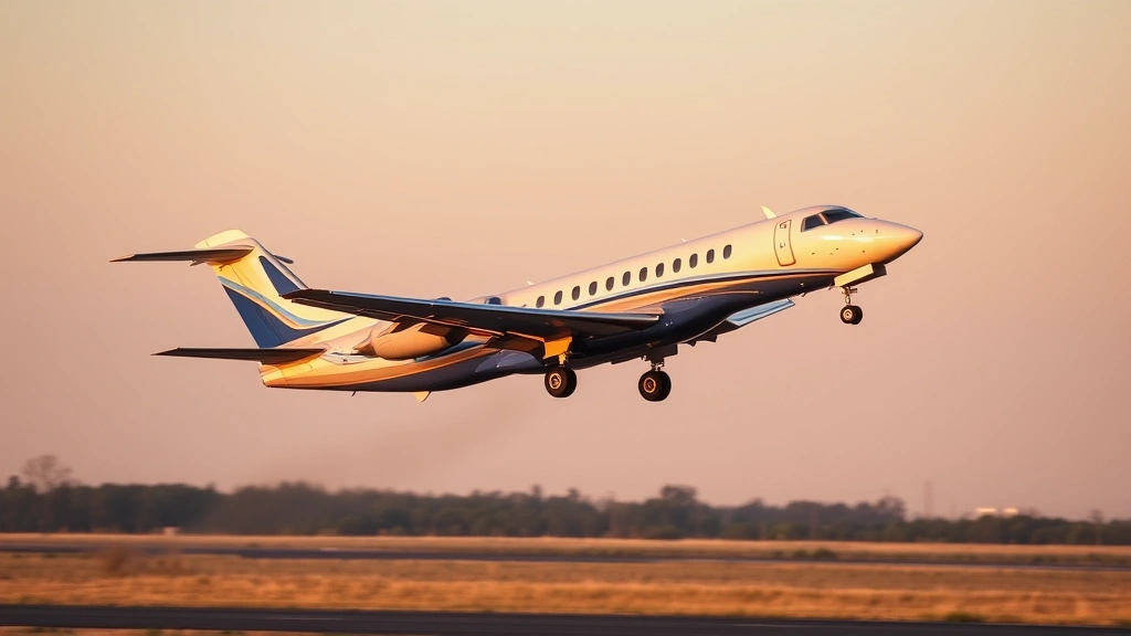 Modern commercial aircraft taking off from runway at sunset, narrow-body regional jet with distinctive livery, blue and silver fuselage, clear sky background, professional aviation photography