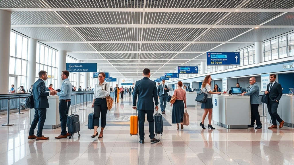 Airport terminal interior with professional staff assisting passengers, showcasing customer service excellence and operational efficiency, modern check-in counters, business travelers, clean contemporary setting