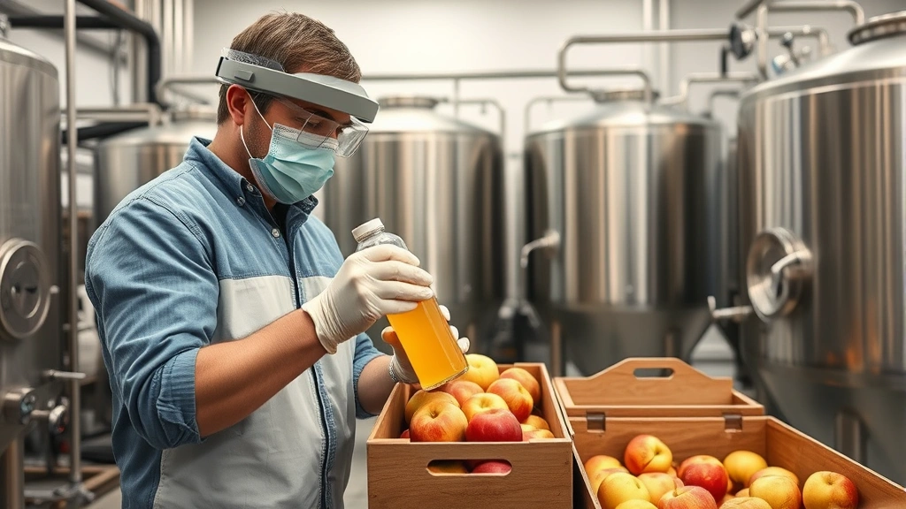 Professional cidery owner conducting quality control testing of fresh apple cider in modern production facility with stainless steel equipment and fermentation tanks, wearing protective gear, focused expression