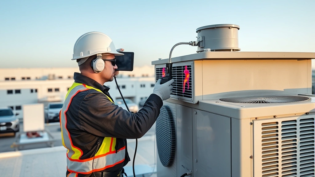 Professional HVAC technician in uniform performing diagnostic work on commercial rooftop air conditioning unit during daytime, using thermal imaging equipment, modern industrial facility in background, clear sky