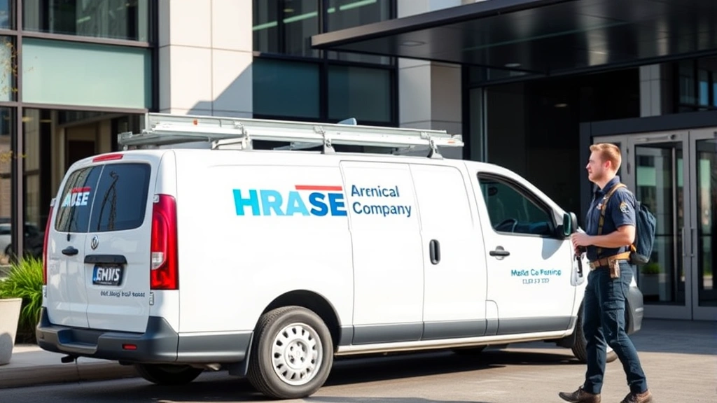 Modern service vehicle from HVAC company parked at commercial building entrance, technician in branded uniform carrying diagnostic equipment, professional business environment, natural lighting