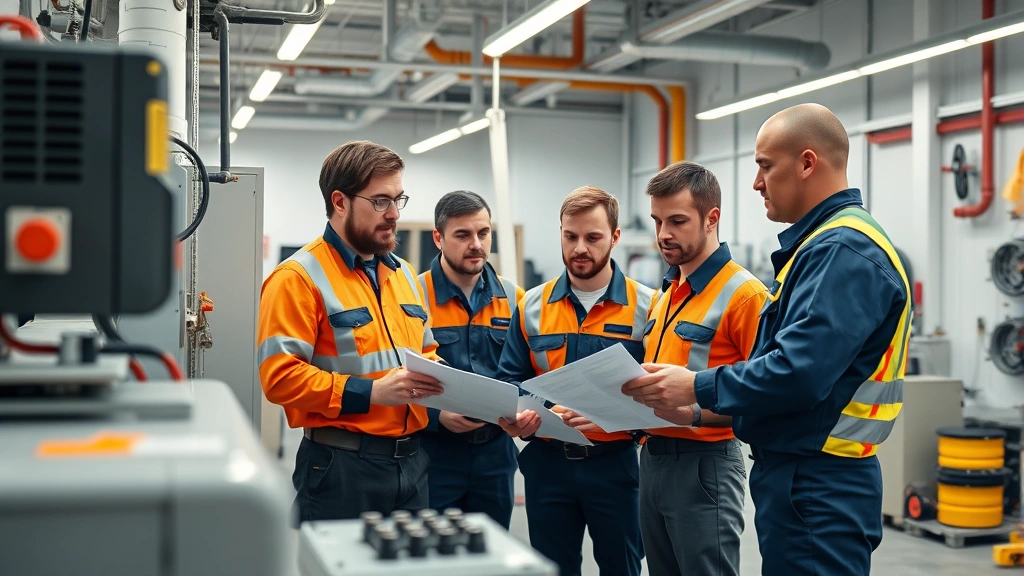 Team of skilled HVAC technicians in work uniforms collaborating in modern training facility, reviewing technical documentation and equipment, bright professional workspace with safety equipment visible