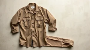 Professional product photography of vintage Ben Davis work shirt and pants laid flat on neutral background, showing classic construction details and fabric texture, natural lighting