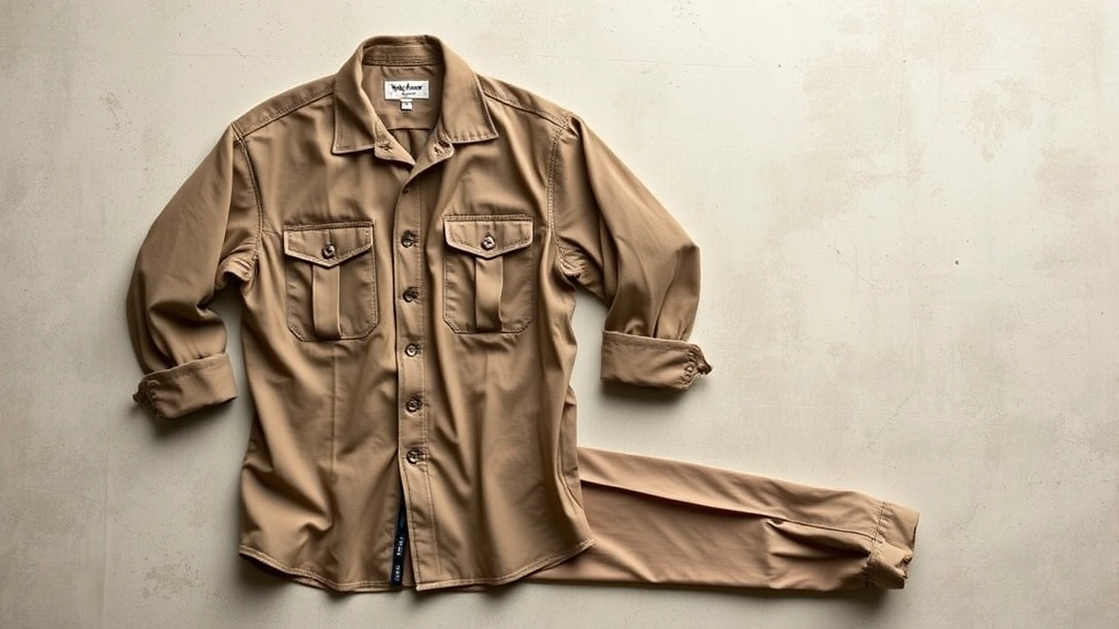 Professional product photography of vintage Ben Davis work shirt and pants laid flat on neutral background, showing classic construction details and fabric texture, natural lighting