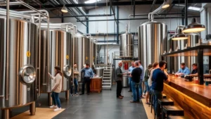Professional craft brewery interior with stainless steel fermentation tanks, wooden bar seating, warm ambient lighting, and visitors casually tasting beer in modern industrial space