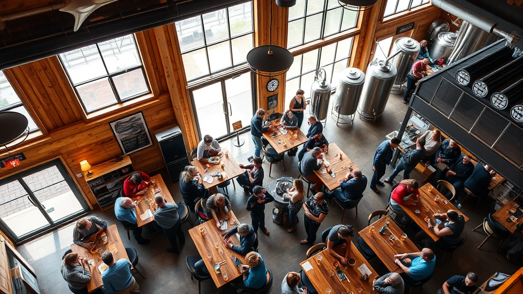 Aerial view of busy craft brewery tasting room with diverse visitors enjoying conversations, full tables with beer glasses, natural light from large windows, wooden fixtures and casual atmosphere