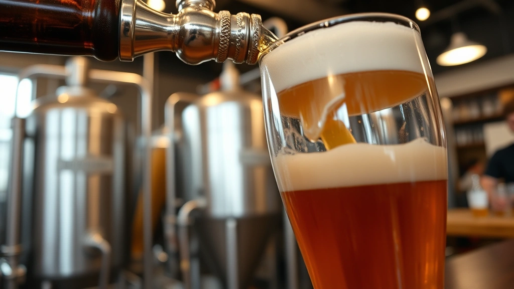 Close-up of craft beer pouring into specialty glassware with golden amber liquid, foam head forming, professional brewery setting with blurred background of brewing equipment and tasting room ambiance