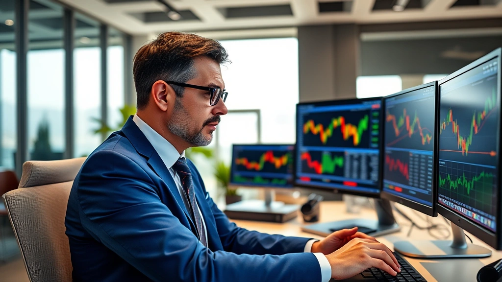 Professional investment advisor analyzing stock charts and financial data on multiple monitors in modern office, confident expression, blue and gold color scheme, natural lighting