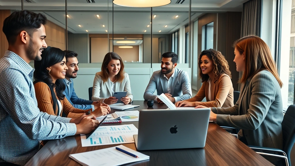 Diverse team of business professionals in modern conference room discussing investment strategy with laptops and financial reports on table, collaborative atmosphere