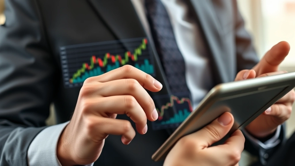 Close-up of investor reviewing portfolio performance dashboard on tablet with stock market graphs, financial metrics visible, professional business casual attire