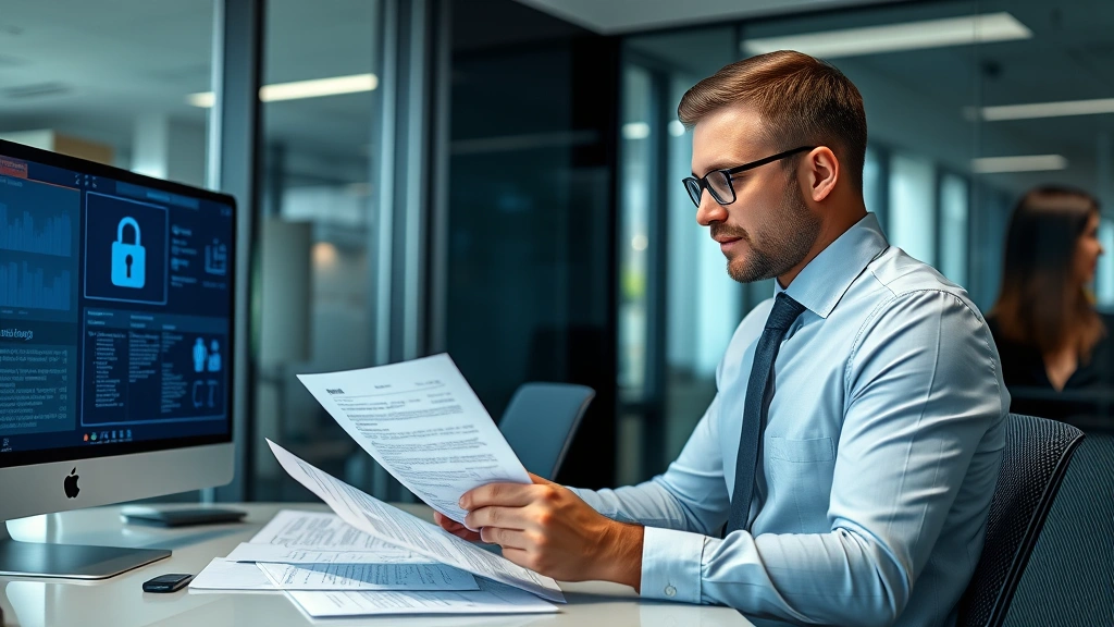 Professional corporate compliance officer reviewing authentication documents in modern office environment with digital displays showing security verification processes