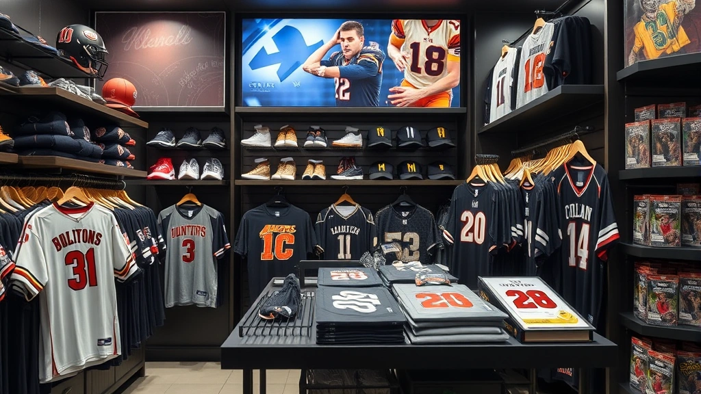 Authentic sports merchandise display in premium retail environment with security features, authentic packaging, and professional product presentation
