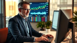 Professional financial advisor reviewing dividend portfolio performance metrics on computer screen in modern office with charts and graphs visible, warm lighting, confident expression, corporate setting