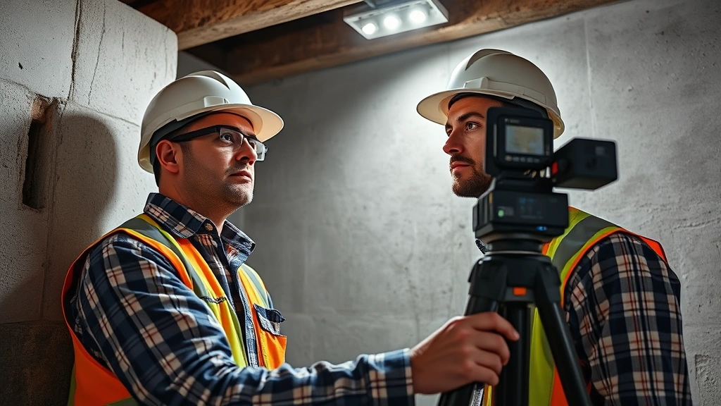 Professional structural engineer examining foundation concrete wall with advanced laser diagnostic equipment in basement, serious focused expression, measuring equipment visible, professional attire, natural lighting from overhead fixtures