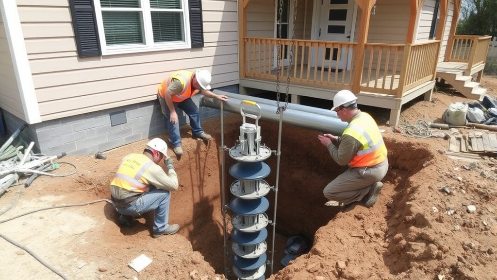 Construction crew installing helical pier system beneath residential foundation, multiple workers positioning steel equipment, measuring devices visible, protective gear worn, excavation area organized and professional, daytime exterior shot