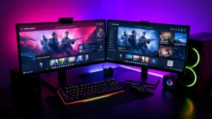 Professional gaming setup with dual monitors displaying Lethal Company interface with quality-of-life mod improvements visible, gaming keyboard and mouse on desk, modern RGB lighting creating atmospheric ambiance, organized cable management