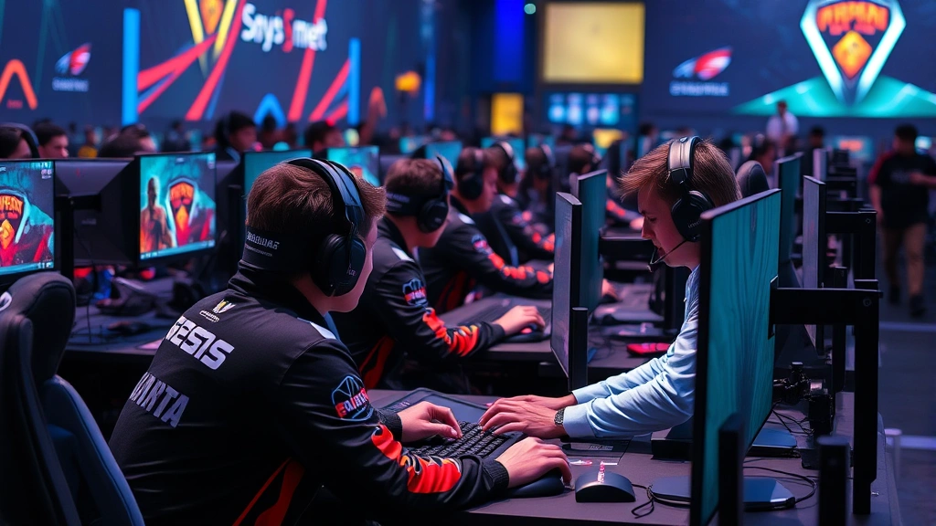 Professional esports gaming tournament setup with high-end gaming equipment, multiple players collaborating at desk, competitive gaming environment with sponsorship branding visible, intense focused atmosphere during gameplay