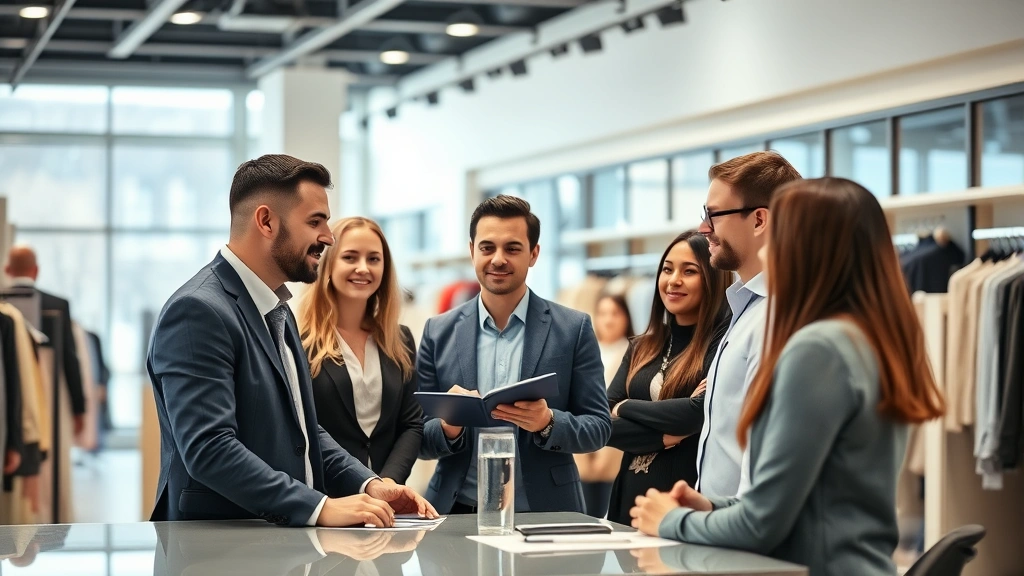 Professional retail store manager conducting team meeting with diverse employees in modern retail environment, natural lighting, collaborative atmosphere, business casual attire