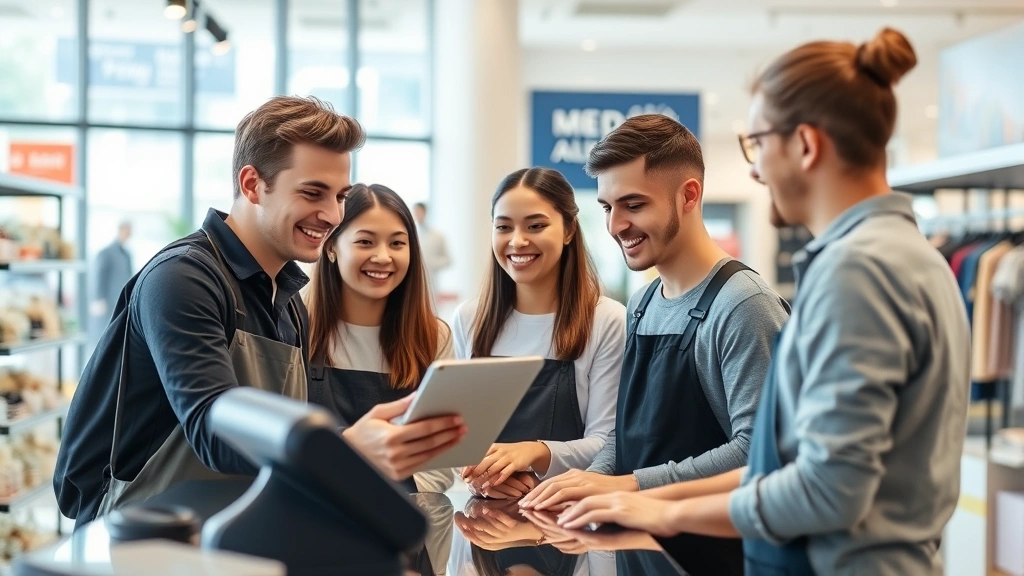 Young employees smiling while working at retail counter with tablet device, engaged customer service interaction, bright modern retail space, team collaboration visible