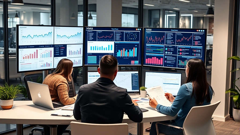 Professional marketing team analyzing SEO data on large monitors in modern office, collaborative workspace with multiple people reviewing analytics dashboards and strategy documents