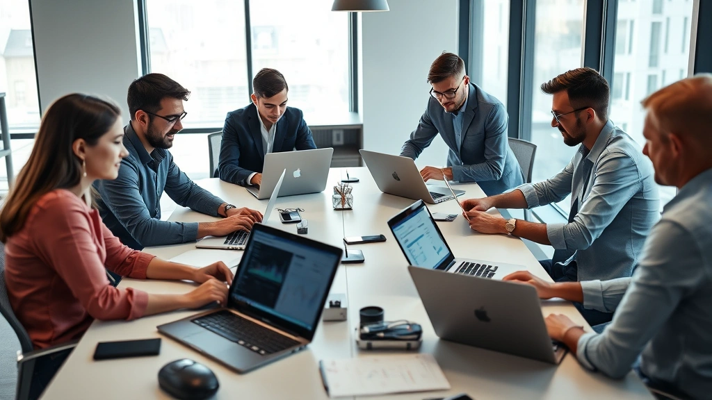 Diverse group of digital marketers in contemporary business setting working on laptops and tablets, reviewing performance metrics and optimization strategies at collaborative workstations