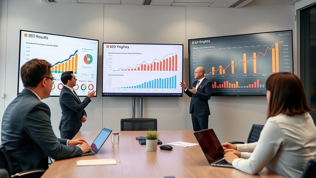 Corporate professionals in business attire presenting data-driven SEO results on large display screens, modern conference room setting showing growth charts and analytics visualizations