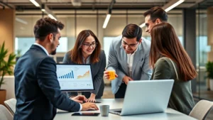 Professional business team collaborating around laptop showing analytics dashboard with growth charts and metrics on screen in modern office environment